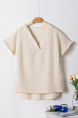 Pale Khaki Solid Color V-Neck Textured T Shirt