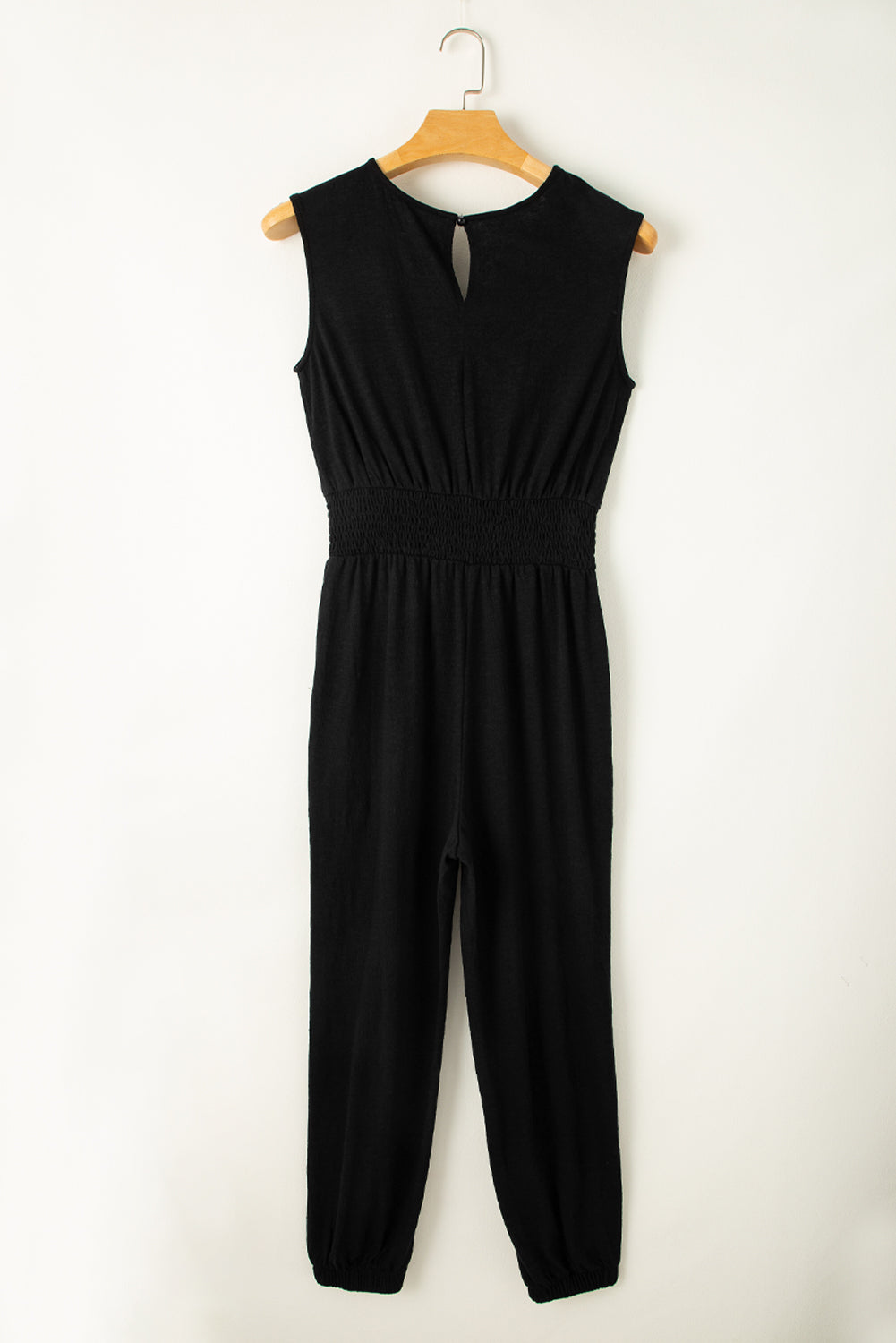 Black Shirred High Waist V Neck Sleeveless Jumpsuit