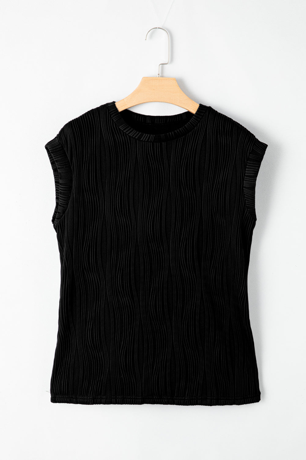 Black Solid Color Wavy Textured Cap Sleeve Top