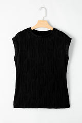 Black Solid Color Wavy Textured Cap Sleeve Top