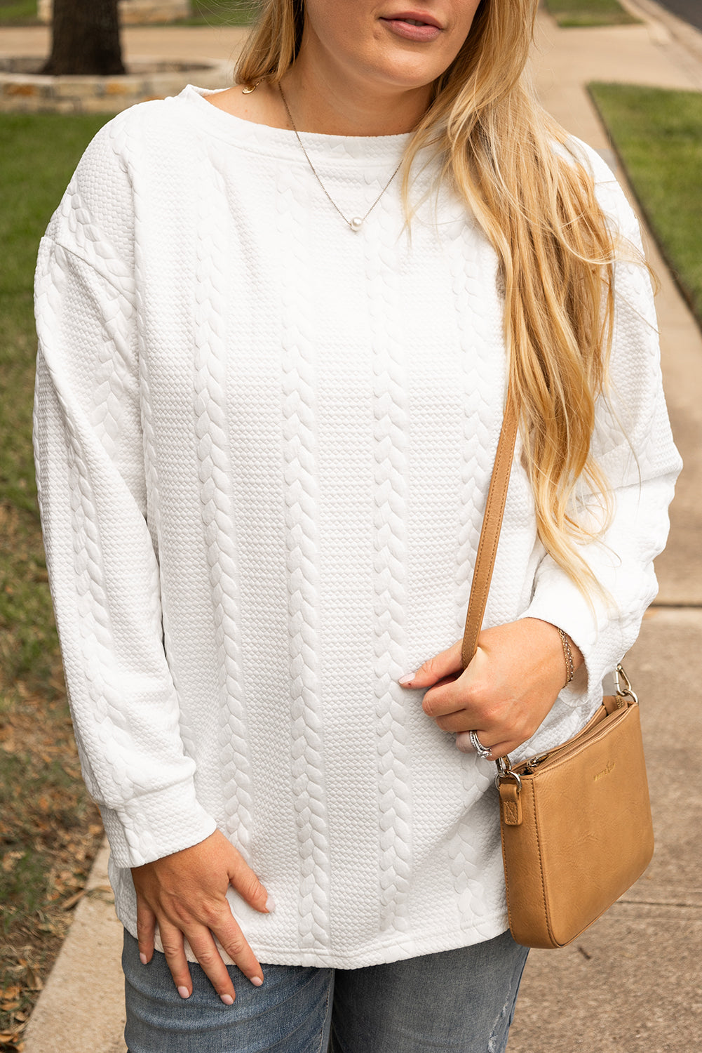 White Textured Loose Plus Size Long Sleeve Top