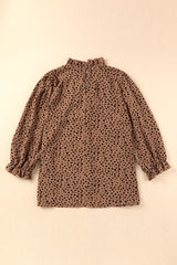 Brown Leopard Print Frill Neck 3/4 Sleeves Blouse