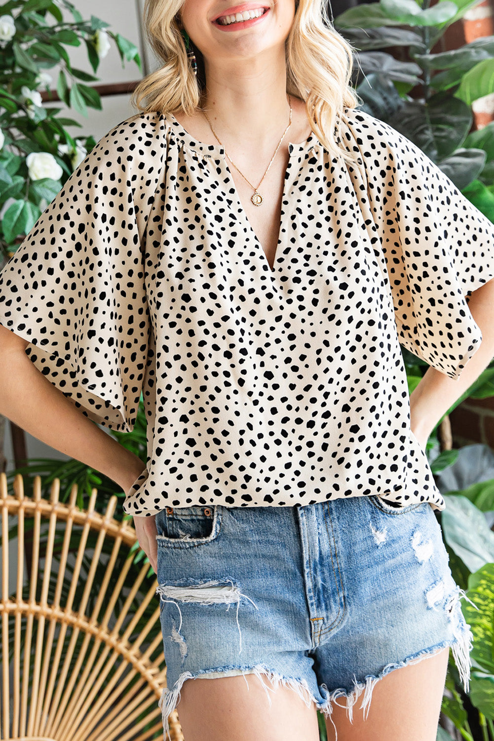 Cheetah Notch V Neck Casual Ruffle Sleeve Blouse