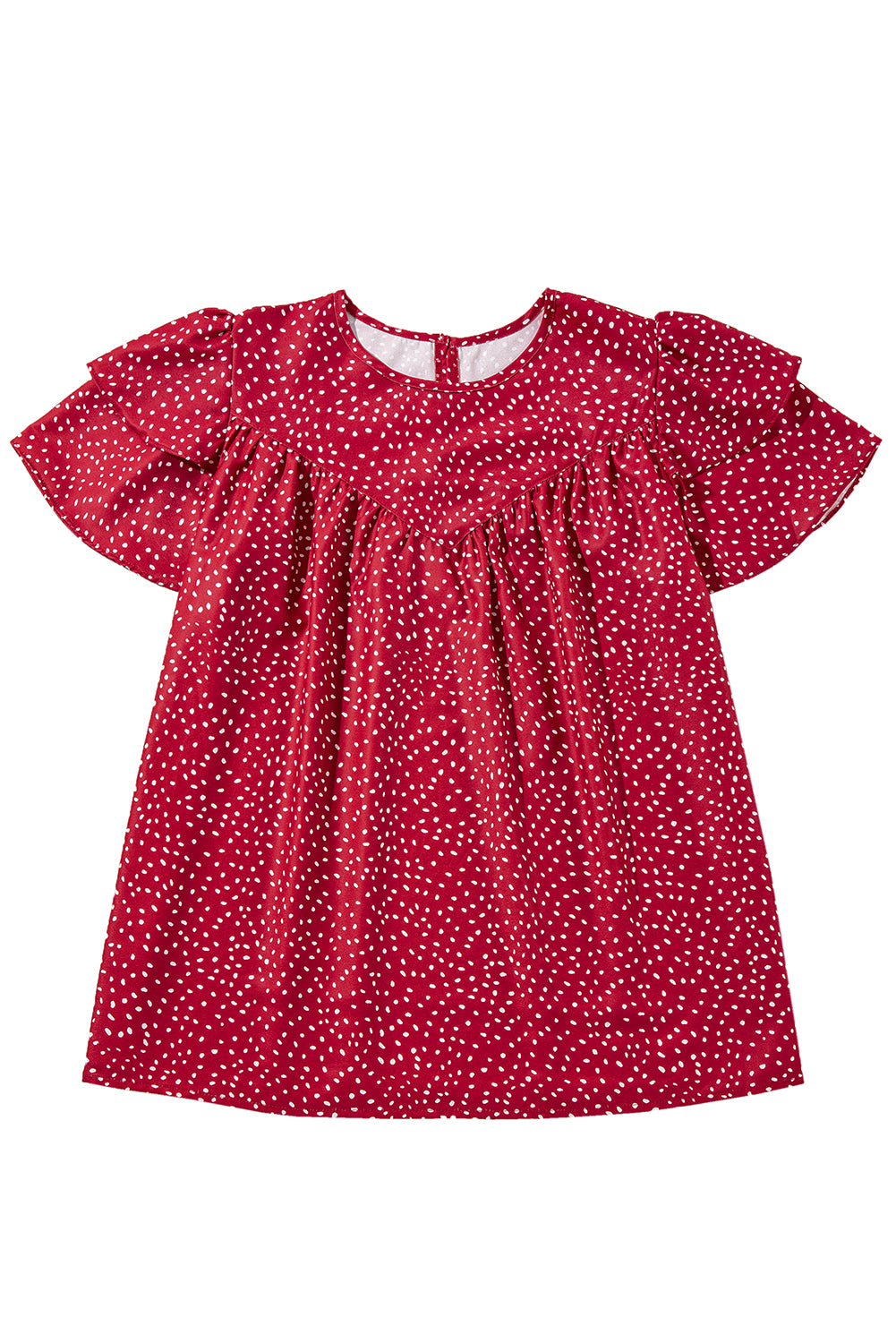 Fiery Red Spotted Print Pleated Ruffle Sleeve Blouse