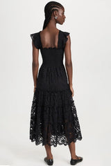 Black Lace Smocked Bodice Sleeveless Midi Dress