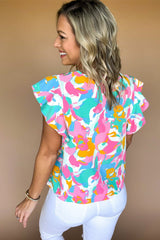 Multicolour Abstract Print Smocked Notched Neck Ruffle Blouse