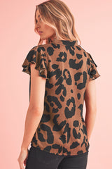 Brown Leopard Print Split Neck Ruffle Flutter Sleeve Blouse