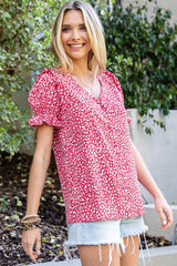 Pink Abstract Print Casual V Neck Ruffle Sleeve Blouse