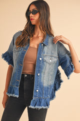 Peacock Blue Raw Edge Bell Short Sleeve Denim Jacket