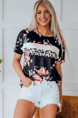 Black Floral and Leopard Print Short Sleeve Summer Top