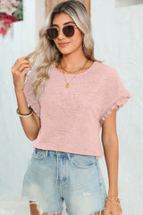 Light Pink Solid Textured Frill Cuffs Short Sleeve Blouse