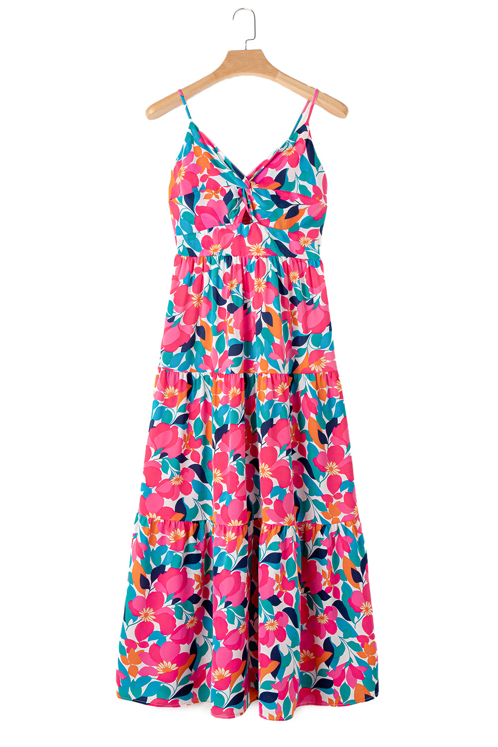 Rose Floral Twist V Neck Tiered Cami Maxi Dress