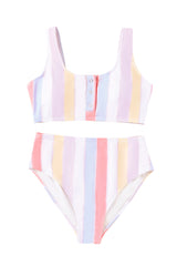 Striped Print Padded Snap Button Two Piece Swimsuit