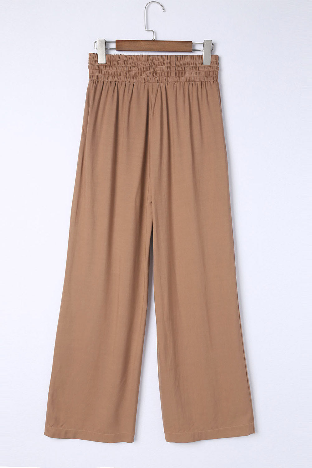 Brown Casual Drawstring Shirred Elastic Waist Wide Leg Pants