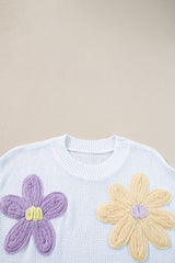 White Flower Patch Knit Round Neck Tee