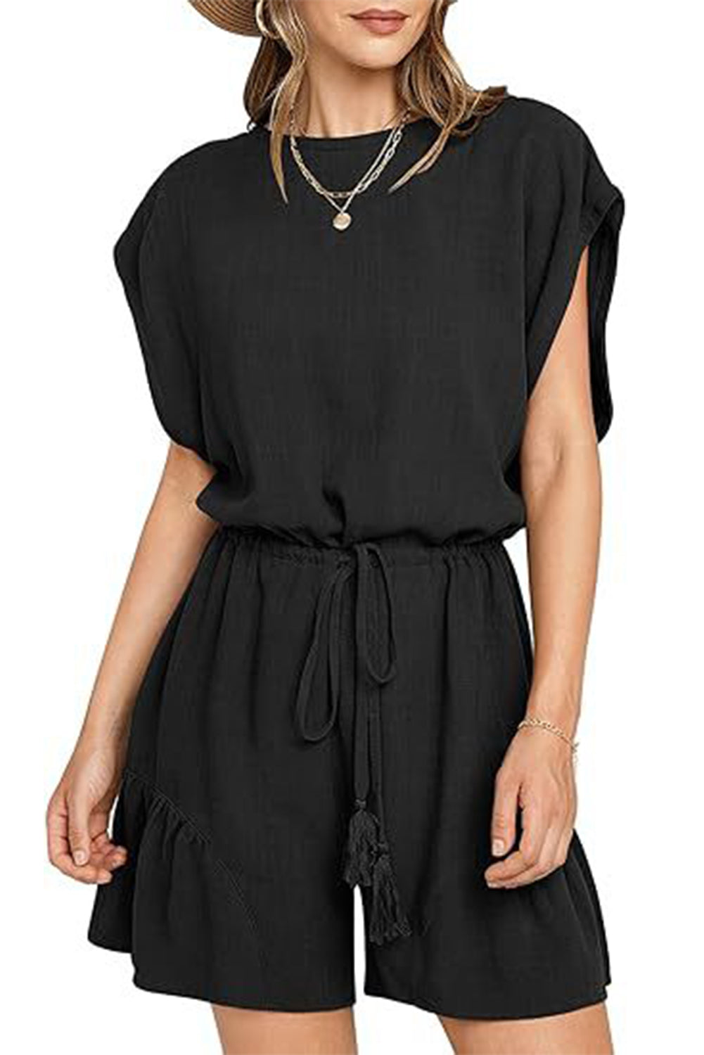 Black Casual Loose Drawstring Waist Short Sleeve Romper