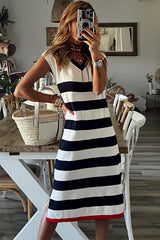 Stripe Casual V Neck Cap Sleeve Midi Dress