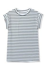 White Striped Cap Sleeve Crew Neck T Shirt