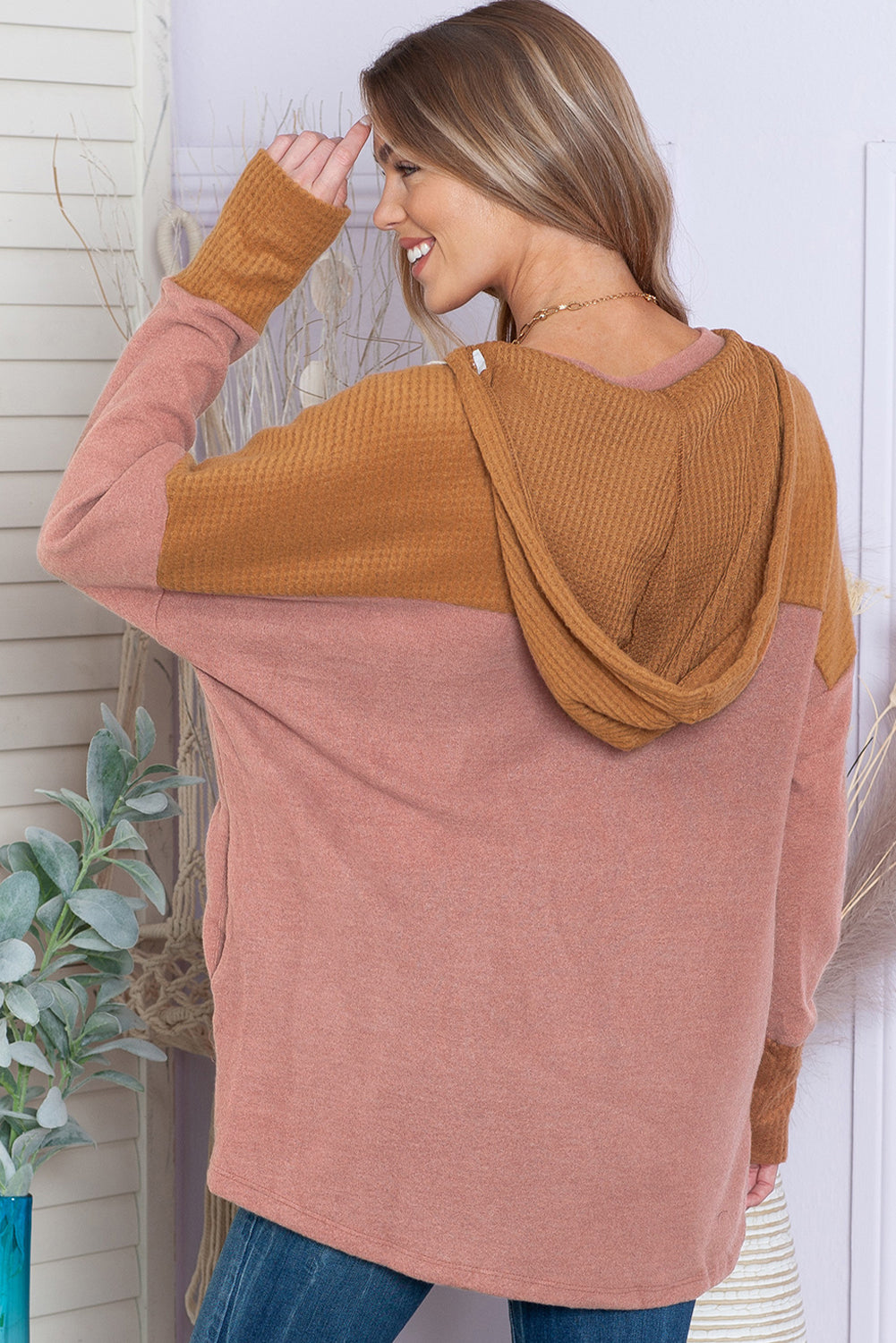 Brown Patchwork Casual Drawstring Tunic Hoodie