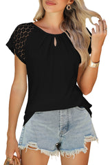 Black Lace Sleeve Keyhole Smocked Detail Blouse