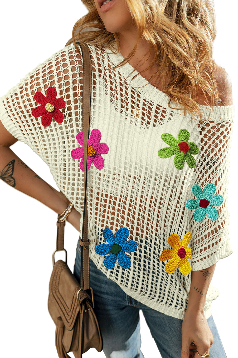 White Hollowed Crochet Colorful Flower Loose Knit T Shirt