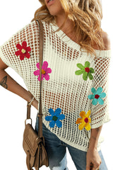 White Hollowed Crochet Colorful Flower Loose Knit T Shirt