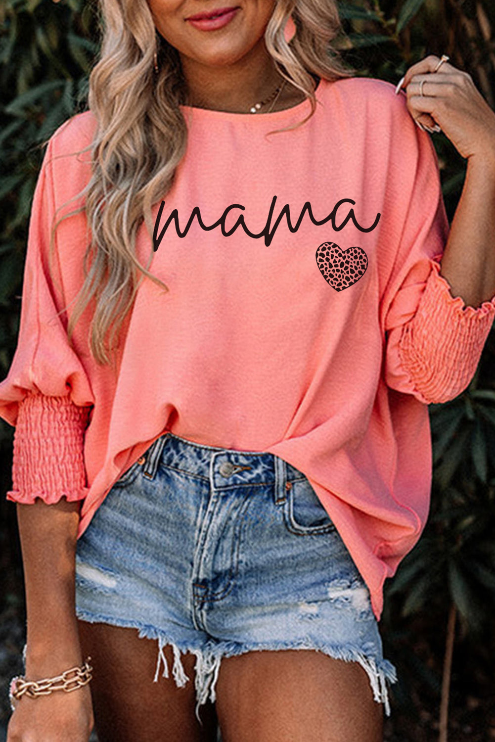 Pink mama Leopard Heart Graphic Shirred 3/4 Sleeve Tee