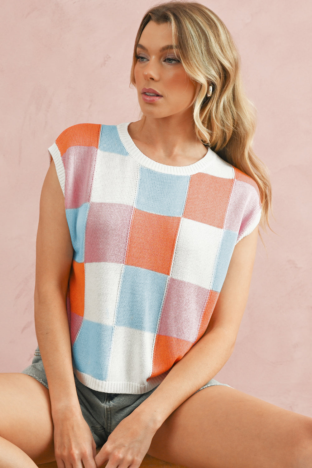 Grapefruit Orange Checkered Color Block Cap Sleeve Knitted Top