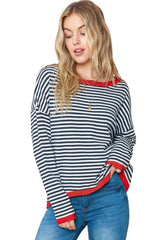 Striped Print Trim Drop Sleeve Knit Pullover Sweater