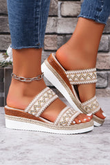 Beige Woven Double Wide Band Thick Sole Wedge Heel Slides Shoes