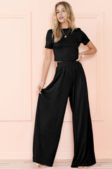 Black Plain Slim Fit Crop Top And Wide Leg Pants Set