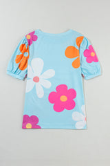 Sky Blue Colorful Flower Print Bubble Sleeve Tee