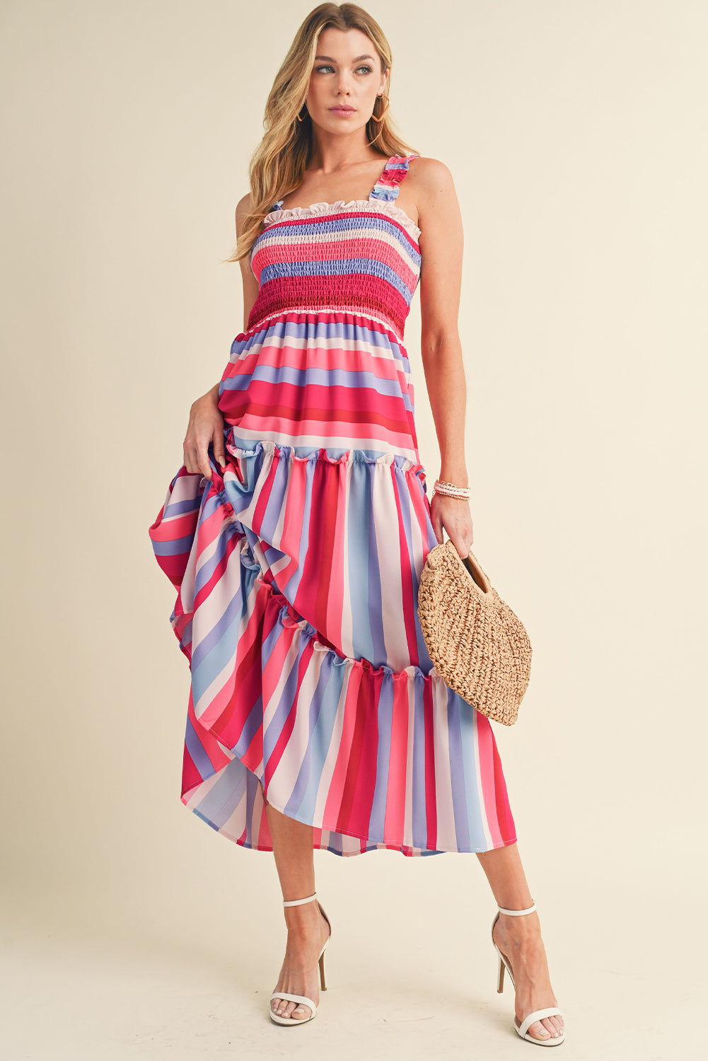 Red Stripe Ruffled Straps Smocked Tiered Midi Dress