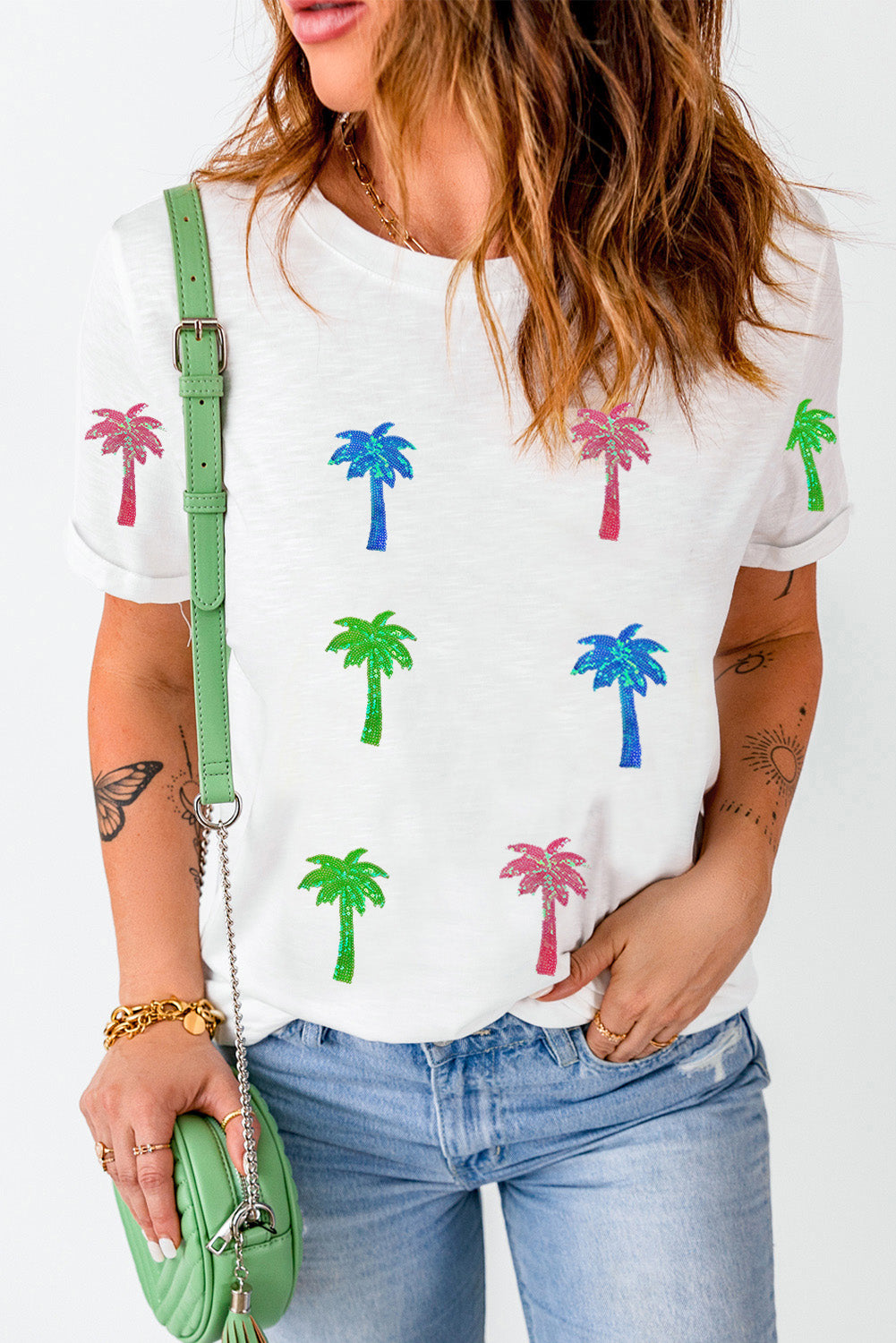 White Sequin Coconut Tree Graphic T Shirt