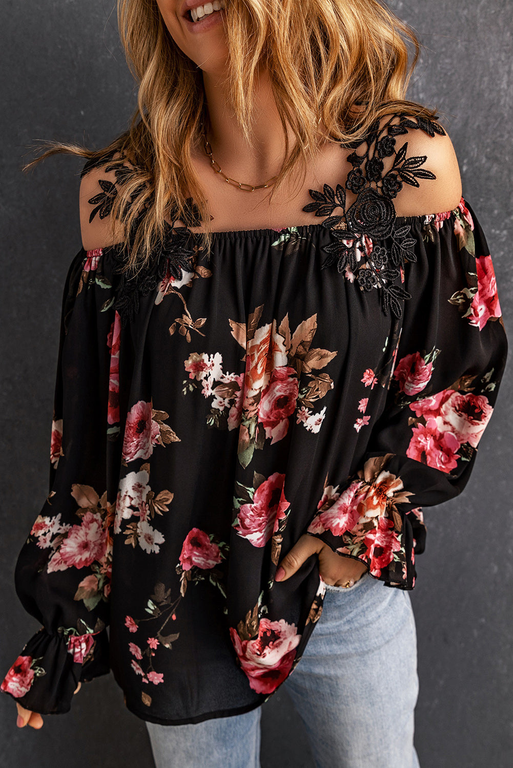 Black Floral Print Lace Loose Off Shoulder Blouse