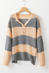 Khaki Colorblock Ribbed Contrast Trim Henley Sweater