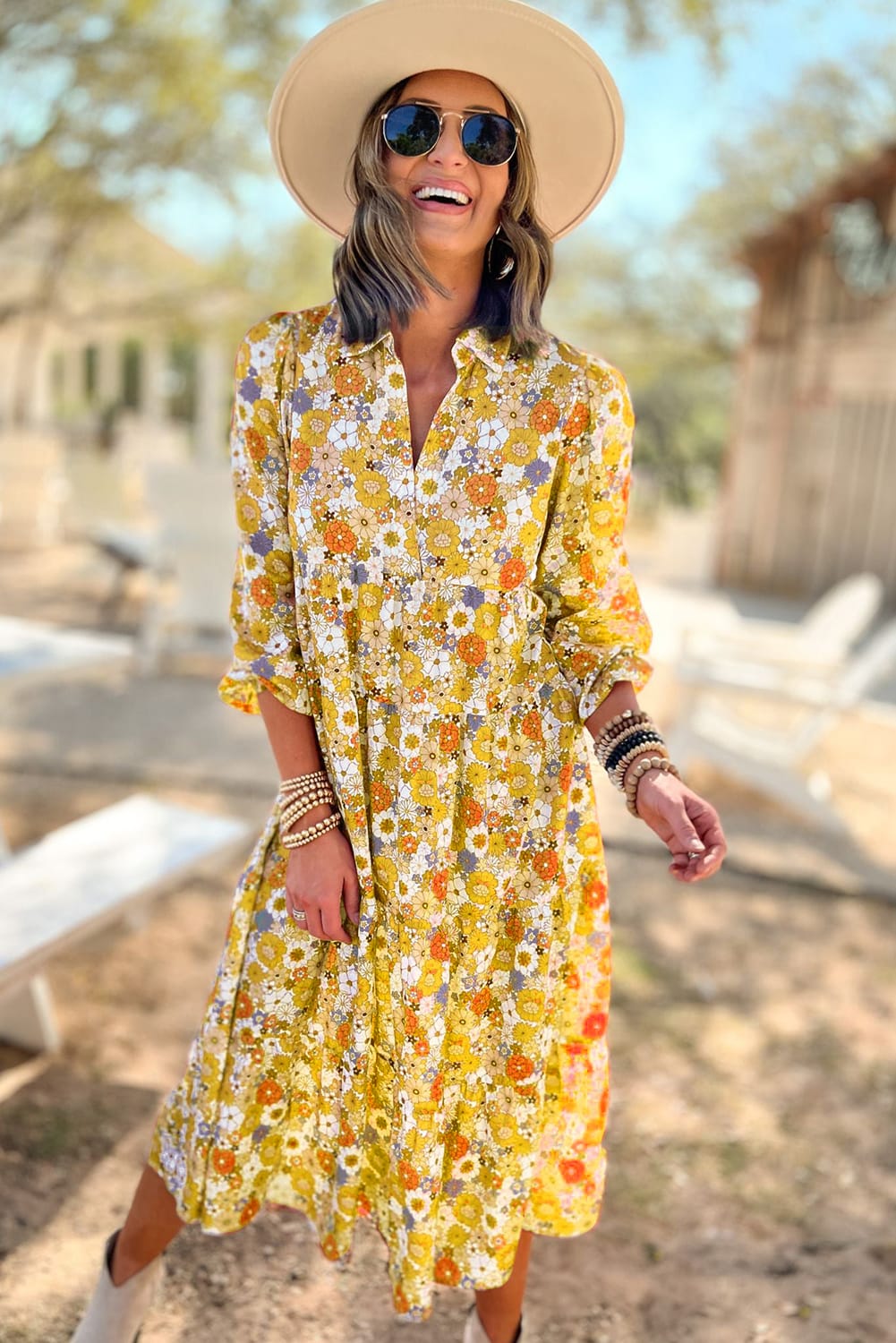 Yellow Boho Floral Collared Long Sleeve Dress