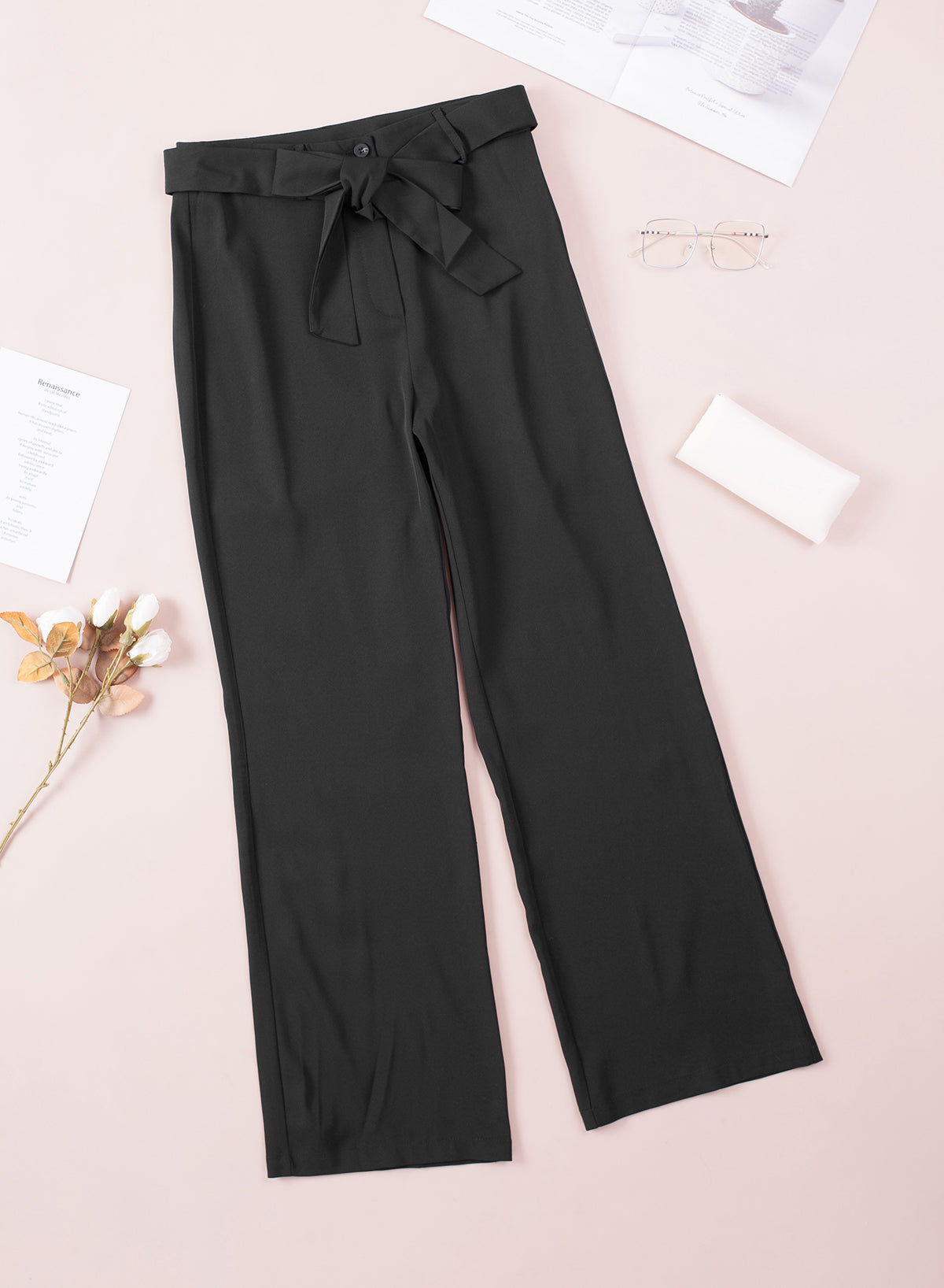 Black Belted Wide Leg High Waisted Pants for Women