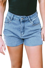 Sky Blue Casual Studded Denim Raw Hem Shorts