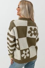 Mist Green 60s Floral Checkered and Striped Knitted Pullover Sweater