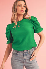 Dark Green Ruffle Puff Sleeve Textured Plain Top