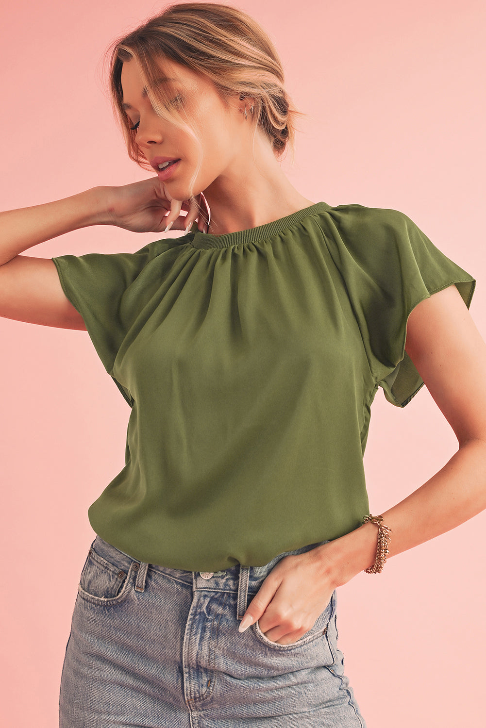 Jungle Green Pleated Flutter Sleeve Satin Blouse