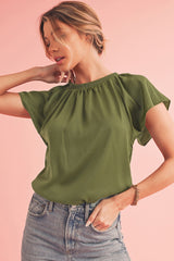 Jungle Green Pleated Flutter Sleeve Satin Blouse