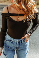 Black Cold Shoulder Cut-out Long Sleeve Bodysuit