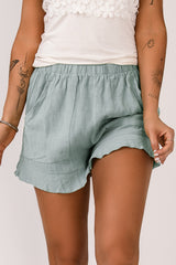 Green Casual Pocketed Ruffle High Waisted Shorts