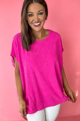 Rose Red Textured Oversized Dolman T Shirt