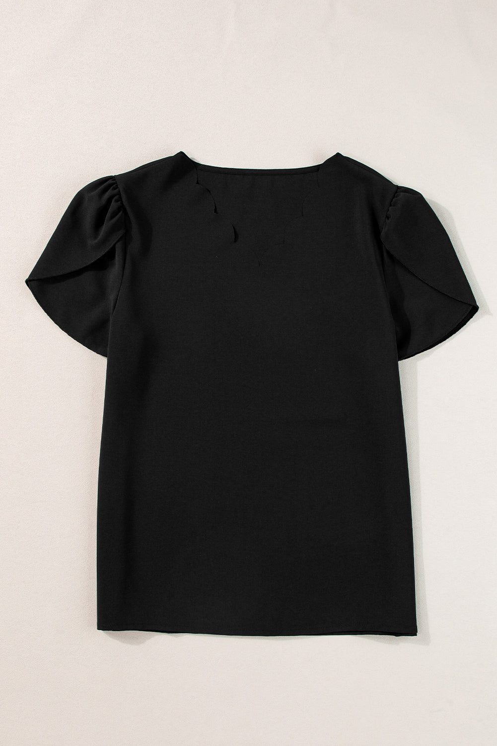 Black Scallop Trim V Neck Petal Sleeve Blouse