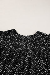 Black Spotted Print Pleated Ruffle Sleeve Blouse