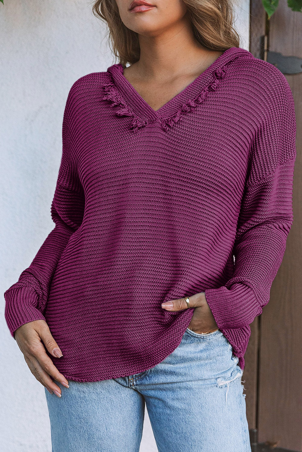 Purple Split V Neck Pullover Knit Sweater Hoodie