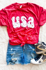 Red Casual USA Stars Graphic Round Neck Roll Up Sleeve Tee